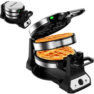 Waffle Maker, 1400W Belgian Waffle Maker, Double Waffle Iron 180 Flip, Rotating Nonstick Plates, Adjustable Browning Control, Locking Buckle & Cool Touch Handle, Removable Drip Tray, Stainless Steel (Sliver)