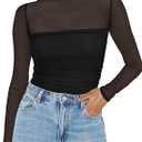 Womens Mesh Sheer Long Sleeve Top Mock Turtle Neck See Though Shirts Ruched Sexy Casual Going Out Blouses, S