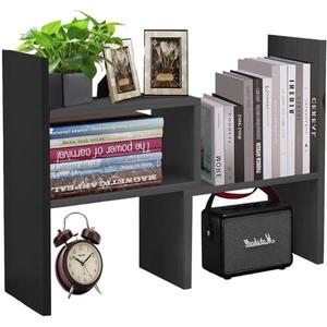 Cuteripe Black Desk Organizer Shelf Wooden Desktop Bookshelf Adjustable Desktop Organizer Shelves Small Book Shelf for Office Desk Supplies Home Storage Natural Stand Decor (Black, Style2)