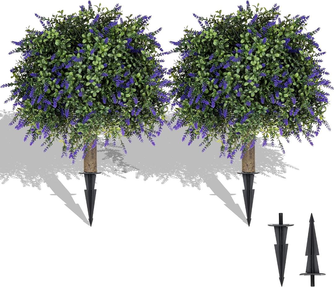 Artificial Lavender Topiary Ball Trees, 2 Pcs 23.6" Faux Lavender Bushes with 4 Ground Spikes, Fake Evergreen Plants for Home, Garden, Yard, Patio, Front Porch Decor