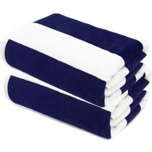 COTTON CRAFT Oversized Beach Towels - Set of 2 - XXL 35x84 The Big Kahuna 7 Foot Extra Large Beach Blanket Towel - Big & Tall - Huge 100% Cotton Velour Soft Luxury Pool Bath Towel - Cabana Stripe Navy, 2 Pack - 35x84