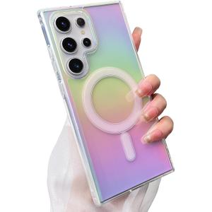 SAKUULO Magnetic Case for Samsung Galaxy S22 Ultra Compatible with Magsafe, Bling Laser Iridescent Florescent Crystal Sparkly Luxury Shockproof Protective Cover for Women Men