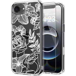 ICEDIO for iPhone 16e Case with Screen Protector-Clear with Fashionable Trendy Patterns-Designed for Girls and Women-Slim Fit Cover-Protective Phone Case 6.1" Elegant White Blooming Floral