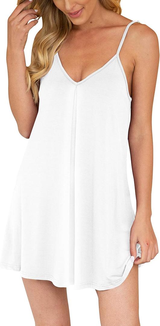 Nightgown for Women Loose Sleepwear V Neck Pajama Dress Soft Nightshirt Sleeveless Nightdress Chemise (Small, White)