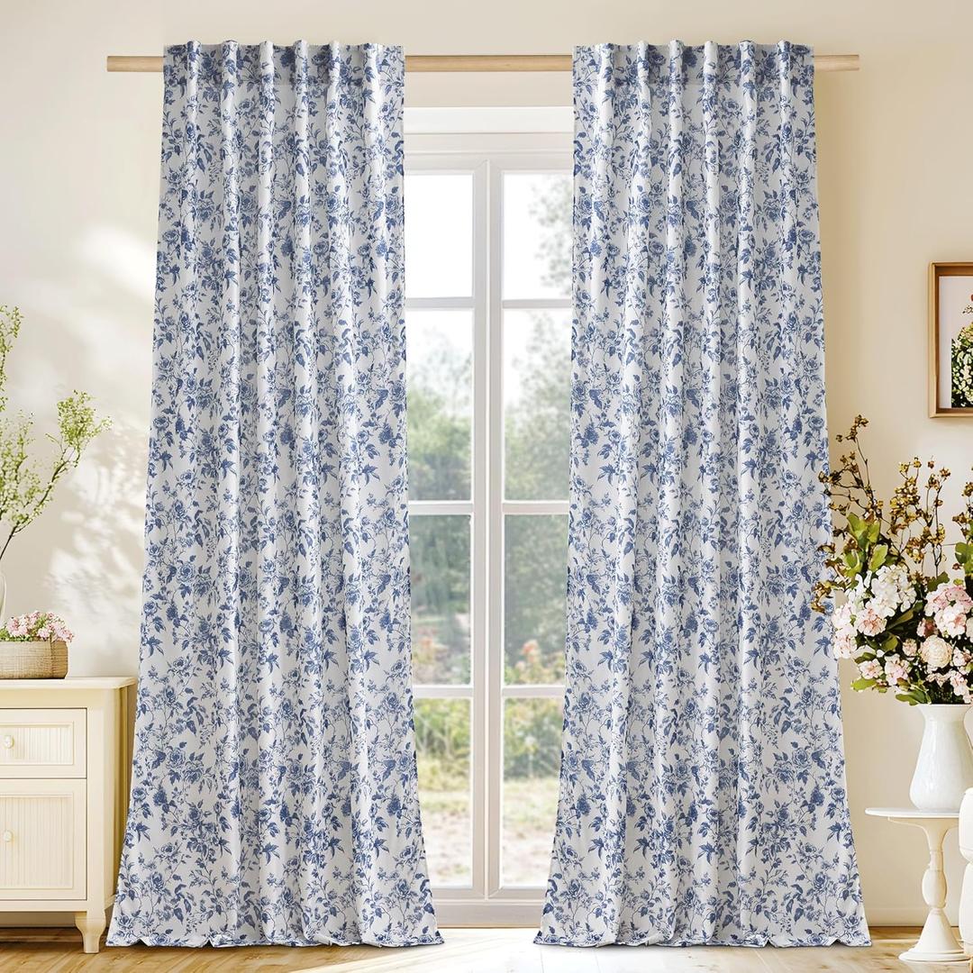 NICETOWN Blue Floral Curtains for Bedroom & Living Room, Linen Blend Drapes with Vintage Peony, Privacy & Light Filtering Inspired by British Museum's Blue & White Porcelain, W52 x L90 in, 2 Panels (Indigo)