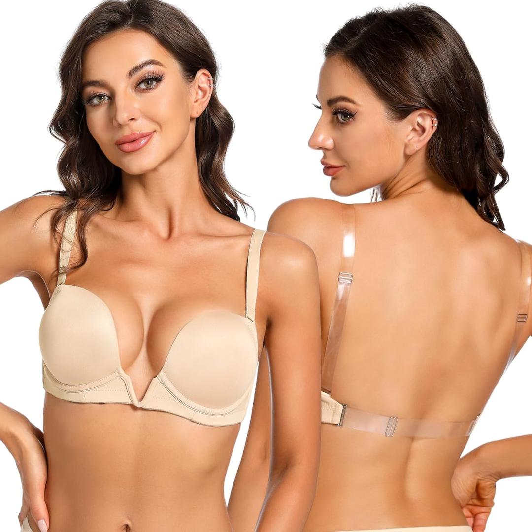 YBCG Plunge Bra with Clear Back Straps Backless Deep V Convertible Push up Padded Add 2 Cup Low Cut Underwire for Women (36DD, Nude)