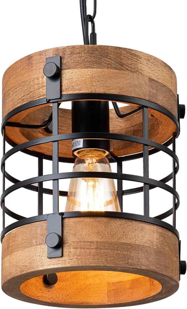 Wood Pendant Light Fixtures, Rustic Farmhouse Chandelier, Dining Room Light Fixture for Kitchen Island Foyer Hallway Bar, Height Adjustable