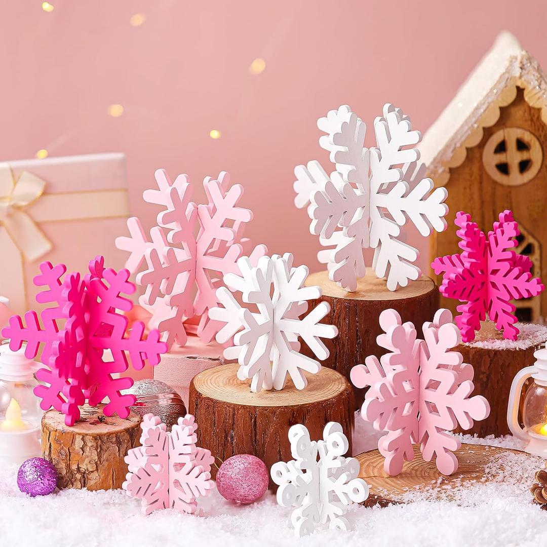 Wenqik 16 Pcs Winter Wooden Snowflake Decor Christmas Winter Snowflake Tabletop Decorations 3D Snow Table Signs Standing Centerpiece Xmas Tiered Tray Decorations for Party(White,Pink)