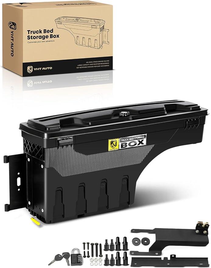 YHTAUTO Driver Side Truck Bed Storage Tool Box for Ford 2015-2026 Compatible with F-150 (Without Bed Rail Storage) | Lockable Lid, Swing Waterproof Wheel Well ToolBox Organizer, w/ Lock, Driver side,29" x 14"