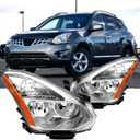 Headlights Assembly Compatible with 2008 2009 2010 2011 2012 2013 Nissan Rogue Halogen Head Lamp Replacement, Not Fit HID Models, Chrome Housing Amber Reflector