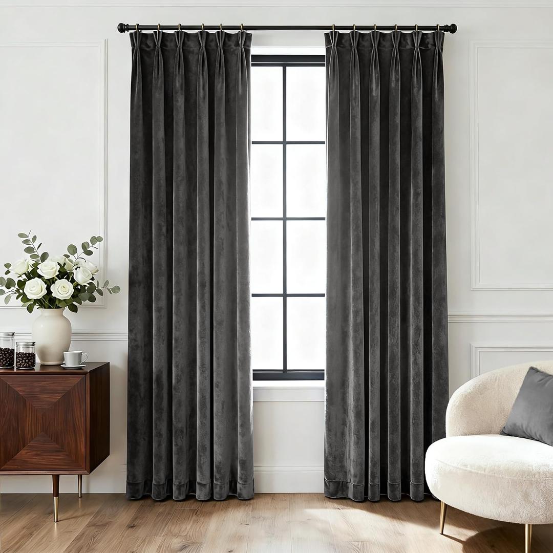 Pinch Pleated Dark Grey Velvet Curtains for Living Room Modern Elegant Plush Velvet Luxury Fabric Room Darkening Window Drapes Bedroom Curtain 40x120