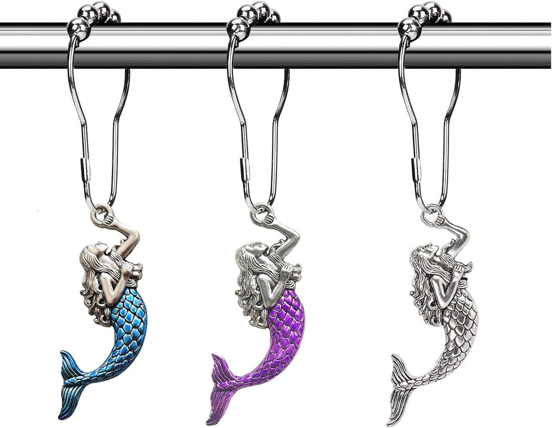 Cute Mermaid Shower Curtain Hooks - Sea Shower Hooks for Shower Curtain Liner, Silver Shower Curtain Rings Decorative Shower Curtain Set Accessory, Tropical Jungle Beach Theme Bathroom Decor