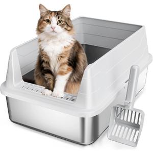 Stainless Steel Cat Litter Box, Odor Free Metal Litter Box with High Sides Lid, Open Top Low Entry Litter Pan Include Scoop Easy Cleaning Anti-Scratch Kitty Cat Box Anti-Urine Leakage, Non-Sticky