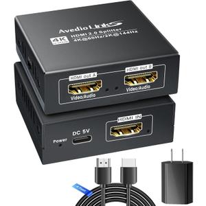 HDMI Splitter 1 in 2 Out 4K@60Hz w/ 4ft HDMI Cable, HDMI Audio Splitter for Soundbar, Support Dobly Vision/Atmos 7.1ch,Down Scaler 4K 1080P Sync, 2K@144Hz,Work for Firestick, PS4/5, Roku (Black)