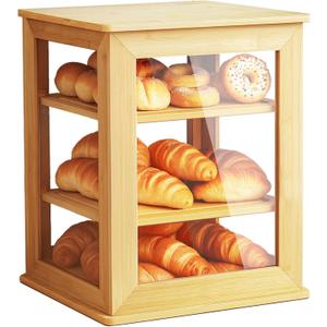 Bread Box,Pastry Display Case,Bread Holder for Kitchen Counter, Wooden Large Capacity Bread Storage Bin Breadbox Organizer for Kitchen Counter CornerRaw wood