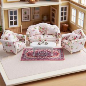 1:12 Dollhouse Couch Furniture Set, 16Pcs Wooden Miniature Sofa Set, Dollhouse White Fabric Printed Double & Single Sofa with Pillow and Living Room Accessories