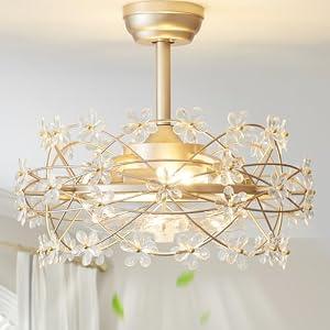 20" Gold Crystal Fandelier Ceiling Fans with lights, Gold Caged Flower ceiling fan with Remote Control, Chandelier with 6 Speeds for Bedroom, Nursery, Living Room