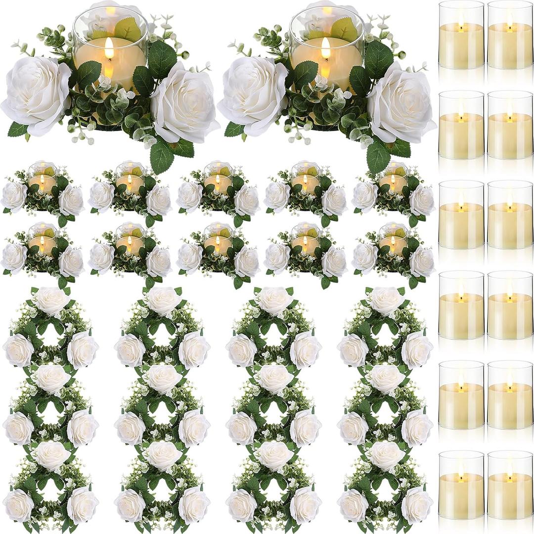 Yunlly 12 Pcs Valentine Candle Rings Wreaths 3 Inch Wedding Centerpiece LED Flameless Candles Rose Eucalyptus Rings for Tables Party Centerpiece Valentines Mother's Day Decoration (White)