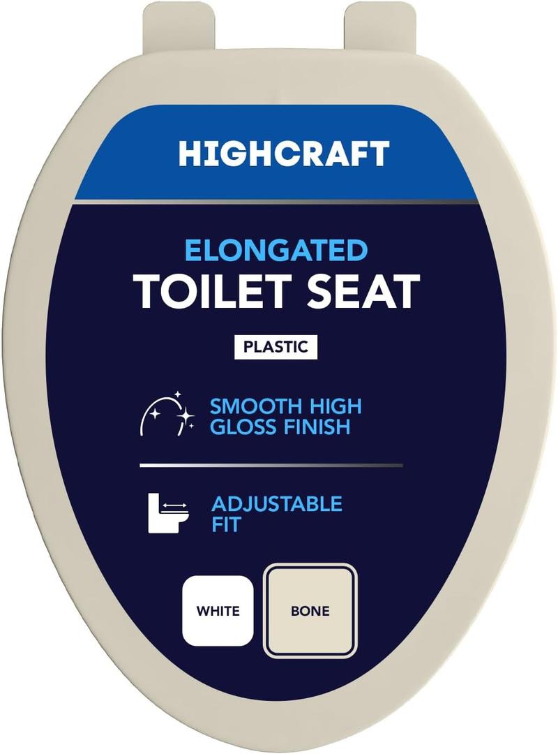 Highcraft B1TSPE Elongated Plastic Toilet Seat with Adjustable Hinge, Bone