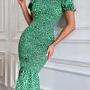 PRETTYGARDEN Summer Floral Bodycon Midi Dresses 2026 Puff Sleeve Mermaid Cocktail Baby Shower Photoshoot Maternity Dress (Green, S)