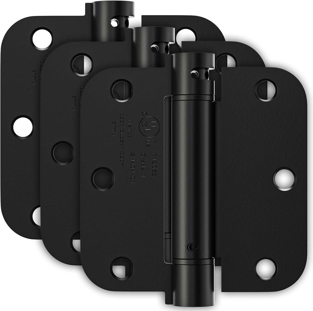3 Pack Spring Loaded Door Hinges, Self Closing Door Hinges 3.5 Inch with 5/8'' Radius Corners, Adjustable Tension for Garage, Front, Back Door, UL Listed, Left and Right Hand, Matte Black