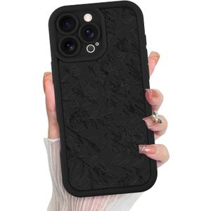 MZELQ for iPhone 16 Pro Case, Silicone Floral Flower Cute Pattern, Camera Protection Soft Slim Shockproof for Girls Women -Black