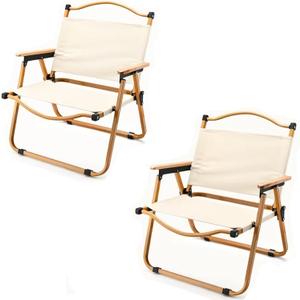 2 Pack Folding Camping Chair, Portable Outdoor Camp Chairs Steel Frame Beach Chair with Wooden Handle for Picnic Camping Hiking and Fishing Khaki