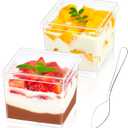 Zezzxu 50 Pack 5 oz Mini Square Dessert Cups with Lids and Spoons, Clear Plastic Parfait Cups Small Shooter Cups for Appetizer Puddings Mousse Ice Cream Fruit
