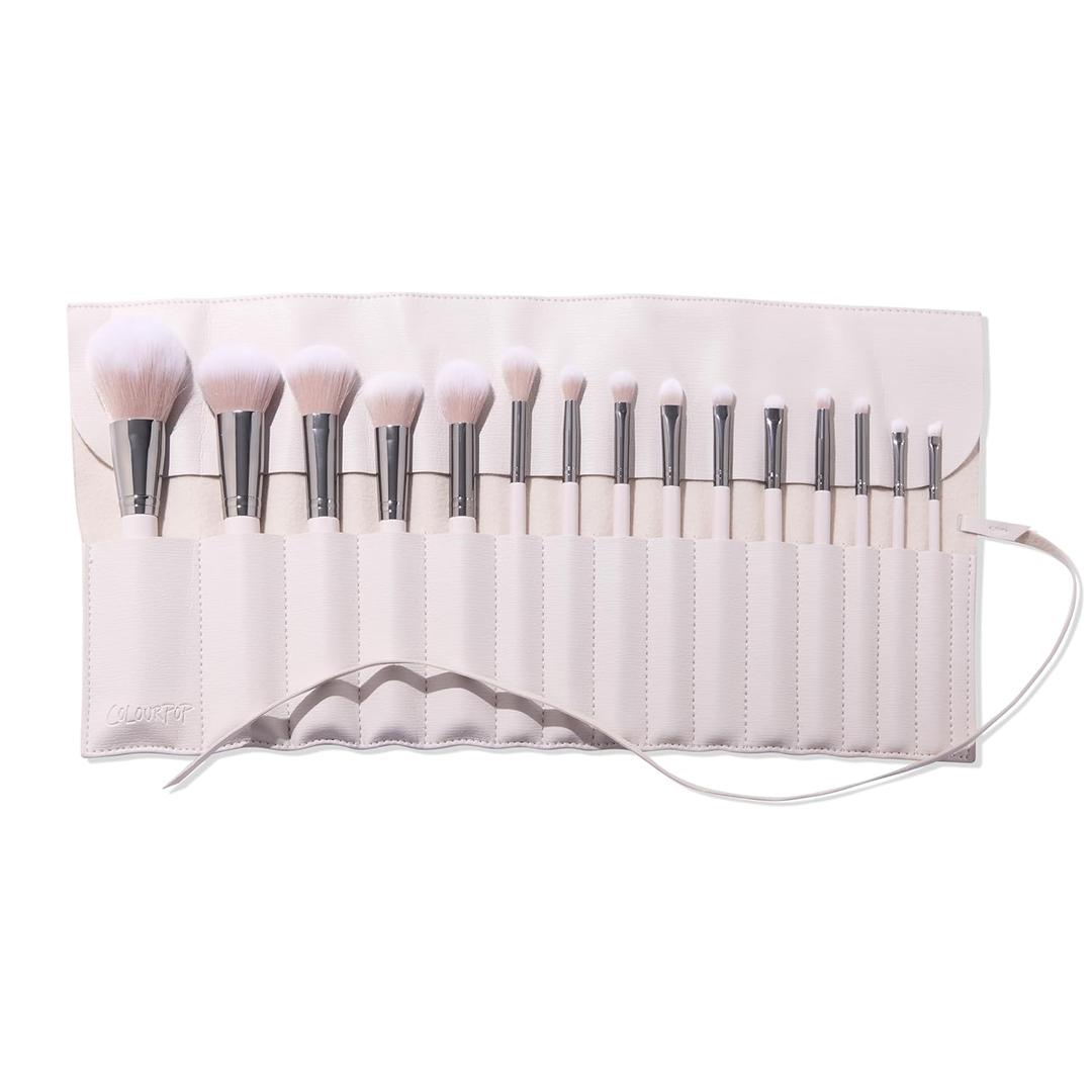 ColourPop Stone Cold Brush Roll Face & Eye Brush Set - Face & Eye Makeup Brush Set - Made with Luxe Synthetic Vegan Bristles - Includes Holder (15 Count)