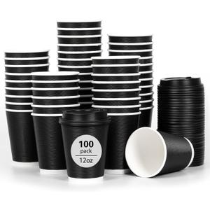 DAILYLIFE 12oz Insulated Black Disposable Coffee Cups with Lids- 100 Pack, To Go Coffee Cups for Hot Drinks, Leak Proof Design, Ideal for Cafes, Offices, Paries and Family