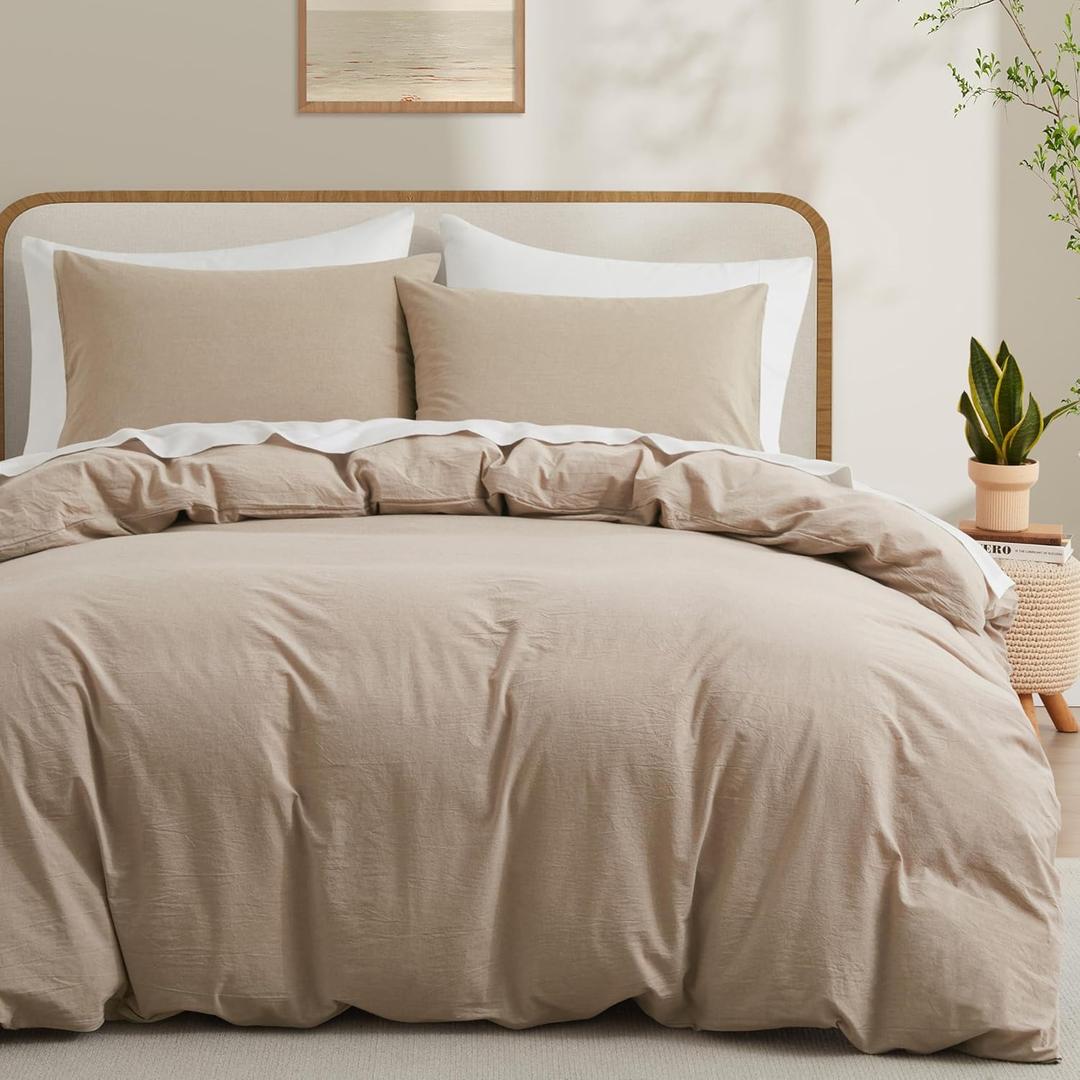100% Washed Cotton Duvet Cover Set, Linen Like Natural Bedding Set with Zipper Closure (No Comforter), 104x98 Inches, Cal King, Linen Grey