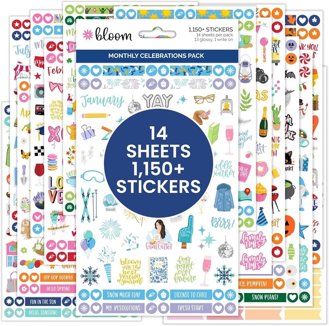 bloom daily planners Monthly Celebrations Planner Stickers for Calendar Decorating, Planning, Scrapbooking - Holiday, Seasonal, & General Events (14 Sheets, 1,100+ Stickers per Pack) (Bright)
