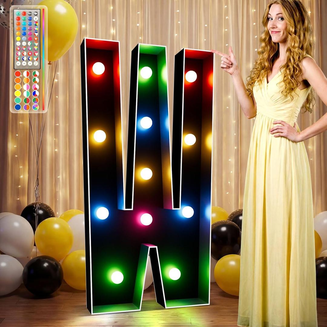 Ledido 34 Colors Marquee Letters 4 Feet Tall with Remote, Easy to Assemble 4FT Marquee Light Up Letters, Large Black Letter for Birthday Graduation Wedding Events Party Decorations, Light Up Letter W