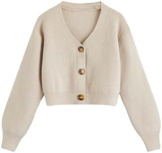 SweatyRocks Girl's Long Sleeve Drop Shoulder V Neck Button Front Ribbed Knit Cardigan Sweaters S