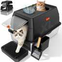 Extra Large Stainless Steel Litter Box with Lid, High Sided Enclosed Metal Cat Litter Pan, Dog Proof Front Entry Top Exit, Odor Control Easy Clean Leak Proof, Includes Scoop & Step, Black