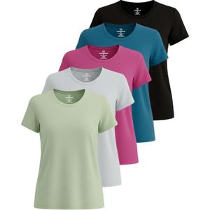 Real Essentials 5 Pack: Women's Short Sleeve T-Shirts Workout Tops Fitness Pilates Gym Activewear Athletic, (Standard Small, Set 13)