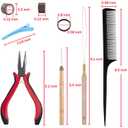 Duufin Hair Extensions Kit 500 Pcs Brown Micro Ring Beads 1 Micro Beads Plier 2 Hook Needle Pulling Loop 4 Plastic Alligator Hair Clips 1 Comb and 2 Bags Black Mini Rubber Hair Elastic