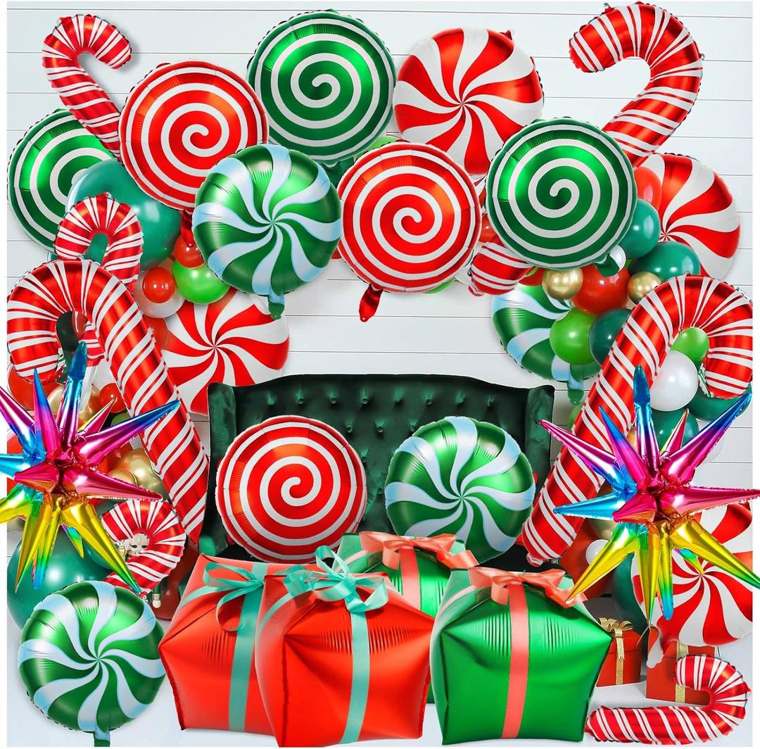 38Pcs Christmas Balloons, Big Red Green Candy Cane Foil Mylar Balloon for Party Decorations