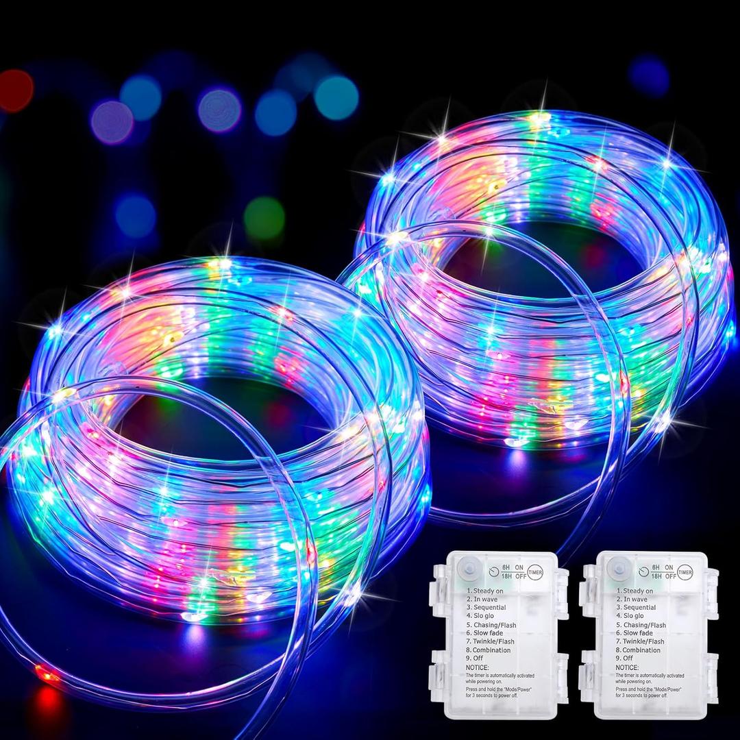 Minetom 2 Pack Battery Operated Christmas Lights Outdoor, Total 80FT 200 LED Rope Lights Battery Operated with Timer 8 Mode, String Lights for Outdoor Bedroom Indoor, Multicolor