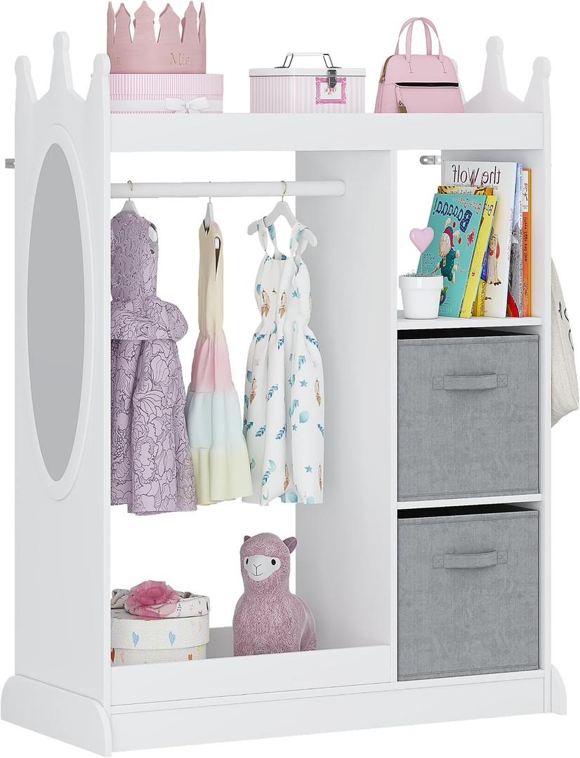 UTEX Kids Play Armoire with Mirror, Storage Bins and Closet for Dress Up and Costumes (White), 33.4w X 15.75d X 44.5h