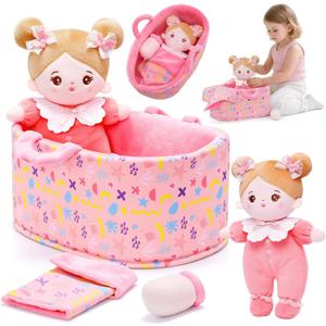 OUOZZZ 10" Soft Baby Doll Set with Plush Doll, Bassinet, Blanket and Bottle, Pretend Playset for Emotional Social Education Doll for 2 Year Old Girls Christmas Birthday Gift Pink