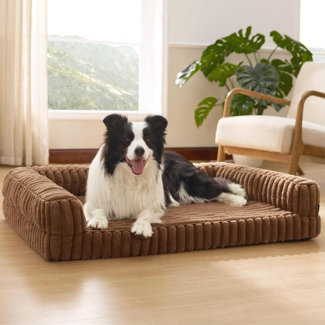 Bedsure ComfyFleece Orthopedic Dog Beds Large Sized Dog, Waterproof Memory Foam Pet Bed with Sides, Non-Slip Bottom and Egg-Crate Foam Large Pet Couch Sofa with Washable Corduroy Cover, Brown