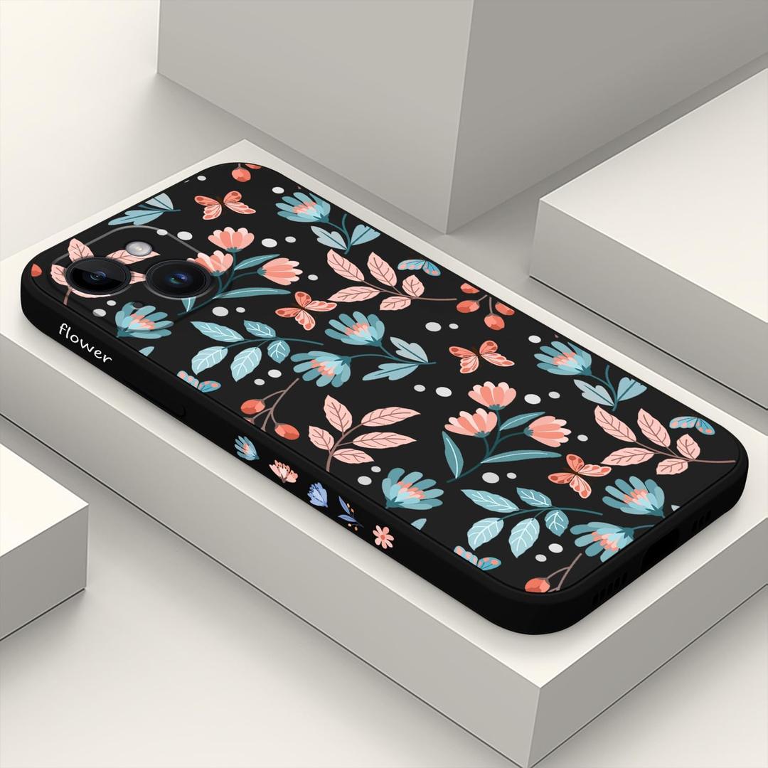 for iPhone 14 Case Flower Creativity Pattern Design Soft Silicone Slim Shockproof Phone Cover for iPhone 14, 6.1 inch-Leaf Black