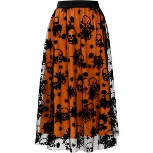 Halloween Tulle Skirt Women Pumpkin Elastic Waist Layered Mesh Midi Halloween Witch Skirt, L-XL Size