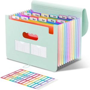 ThinkTex Accordion File Organizer, 12 - Pocket Expanding File Folders | for Receipts, Bills & Taxes Organizer, Letter/A4 Size Document Holder for School, Office, Home with tabs-Sage Green