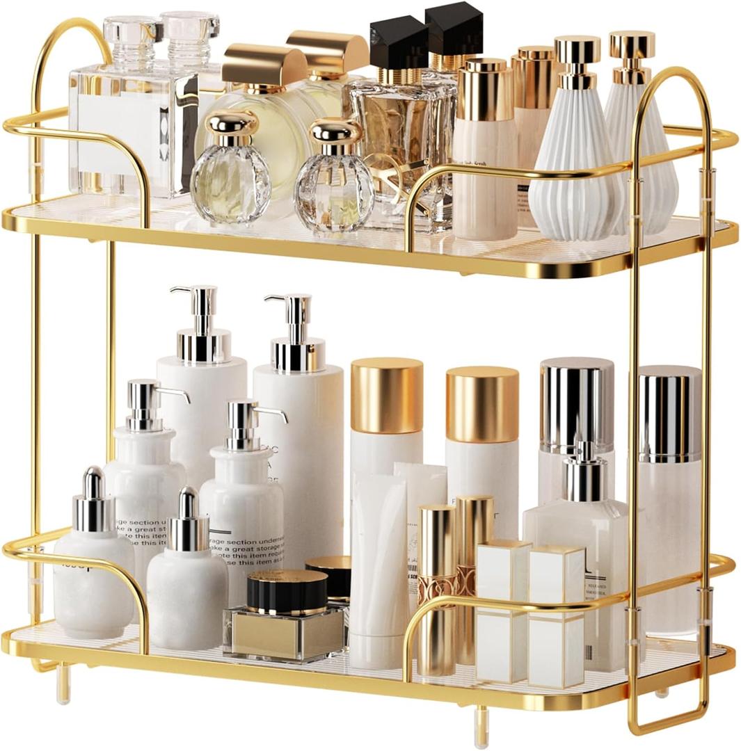 2 Tier Corner Bathroom Counter Organizer, Cosmetic Skincare Organizer, Bathroom Countertop Perfume Tray Vanity Organizer, Kitchen Spice Corner Storage Shelf | Bathroom Countertop, Perfume Tray, Vanity Organizer, Kitchen Spice (Gold)