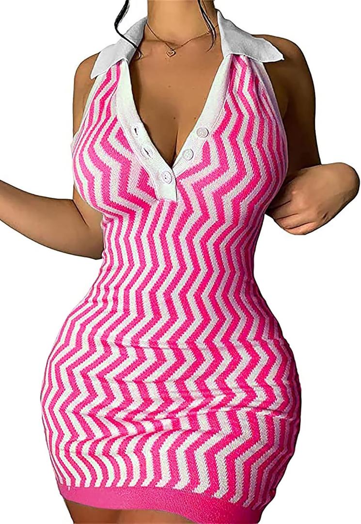 Ryehack Womens Summer Halter Mini Dress Backless Sundress Striped V Neck Bodycon Beach Vacation Sexy Birthday Club Outfits (Medium, Pink)