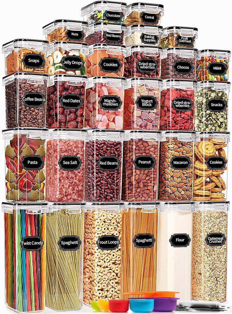 PRAKI 30 Pack Airtight Food Storage Containers for Kitchen Pantry Organizers and Storage, Plastic Kitchen Storage Canisters with Lids,Cereal, Flour & Sugar Containers - Labels, 6 Spoon & Marker (Black-30 Piece)