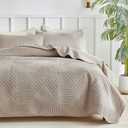 WARMDERN Ultrasonic Khaki Velvet Quilt Set Queen Size, Geometric Textured Striped Pattern Modern Quilt Bedding Set, 3 Piece Soft Microfiber Taupe Bedspreads Coverlet for All Season, Khaki, 90x96 inch