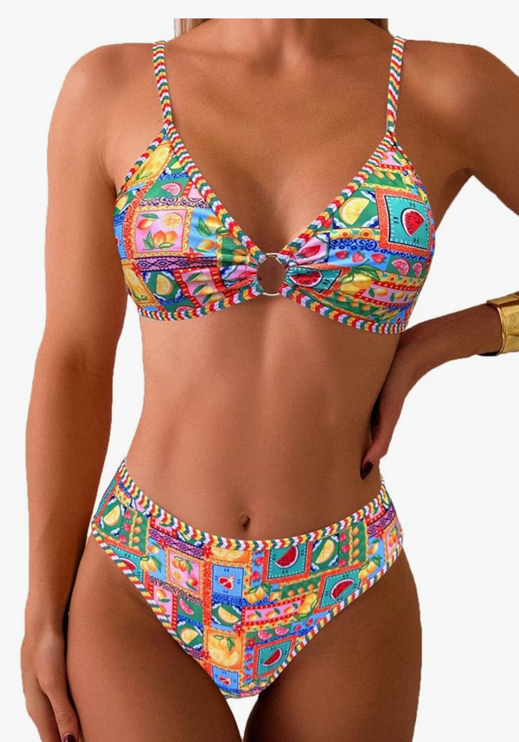 Fanuerg Women's Triangle Bikini Sets O Ring Linked Two Piece Swimsuits Floral Printed Cheeky Bathing Suit, Fruit Print, Medium
